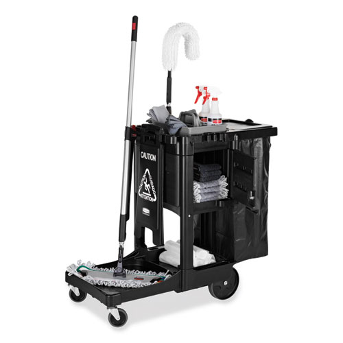 Executive Janitorial Cleaning Cart, Plastic, 4 Shelves, 1 Bin, 12.1" x 22.4" x 23", Black
