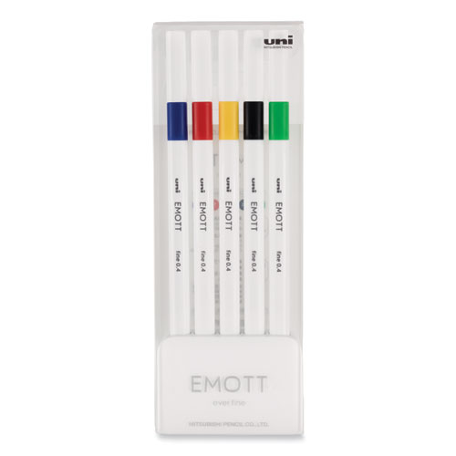 Uniball® Emott Porous Point Pen, Stick, Fine 0.4 Mm, Assorted Ink Colors, White Barrel, 5/Pack