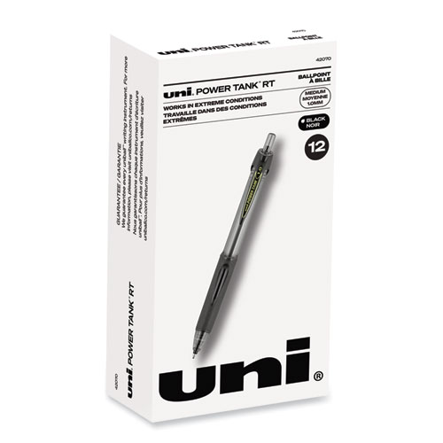uniball® Power Tank RT Ballpoint Pen, Retractable, Bold 1 mm, Black Ink, Smoke/Black Barrel, Dozen