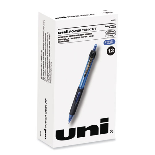 Uniball® Power Tank Rt Ballpoint Pen, Retractable, Bold 1 Mm, Blue Ink, Translucent Blue Barrel, Dozen