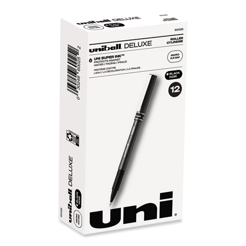 uniball® Deluxe Roller Ball Pen, Stick, Extra-Fine 0.5 mm, Black Ink, Metallic Gray/Black Barrel, Dozen