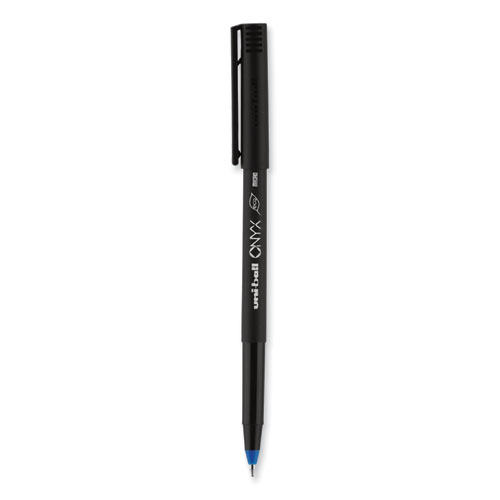 Image of Uniball® Onyx Roller Ball Pen, Stick, Micro 0.5 Mm, Blue Ink, Black Matte Barrel, Dozen