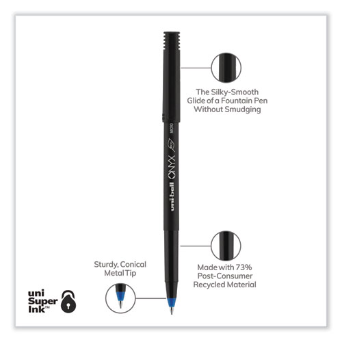 Image of Uniball® Onyx Roller Ball Pen, Stick, Micro 0.5 Mm, Blue Ink, Black Matte Barrel, Dozen