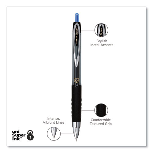 Uni-Ball Signo 207 Gel Pen, Retractable, Micro 0.5 mm, Blue Ink, Smoke/Black/Blue Barrel, Dozen