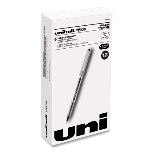 Uniball® Vision Roller Ball Pen, Stick, Fine 0.7 Mm, Black Ink, Black/Gray Barrel, Dozen