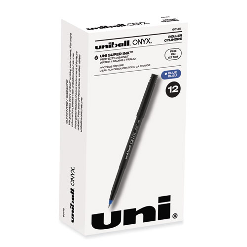 ONYX Roller Ball Pen, Stick, Fine 0.7 mm, Blue Ink, Black/Blue Barrel, Dozen