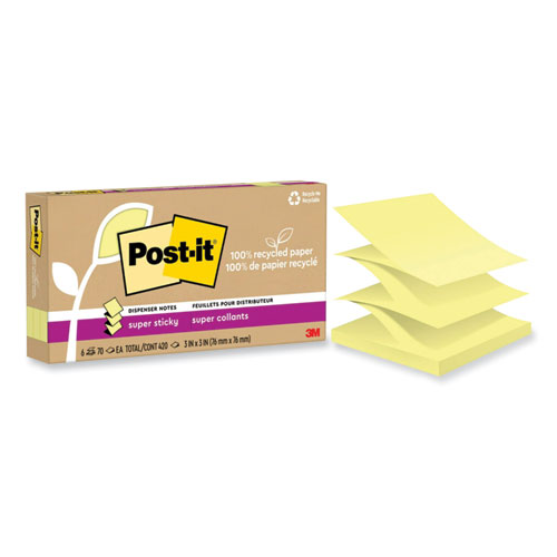 Post-It® Notes Super Sticky 100% Recycled Paper Super Sticky Notes, 3" X 3", Canary Yellow, 70 Sheets/Pad, 6 Pads/Pack