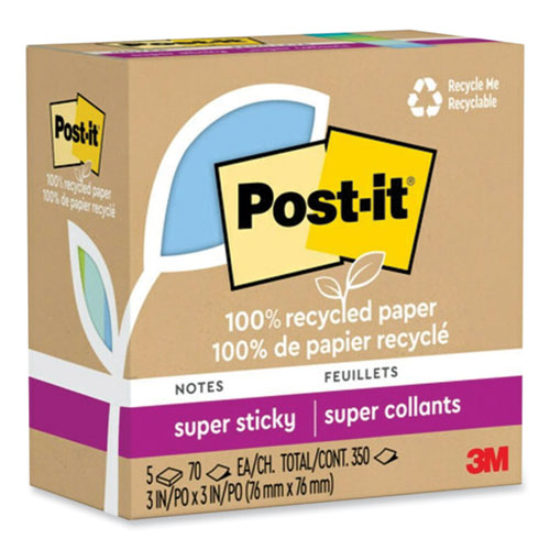 Image of Post-It® Notes Super Sticky 100% Recycled Paper Super Sticky Notes, 3" X 3", Oasis, 70 Sheets/Pad, 5 Pads/Pack