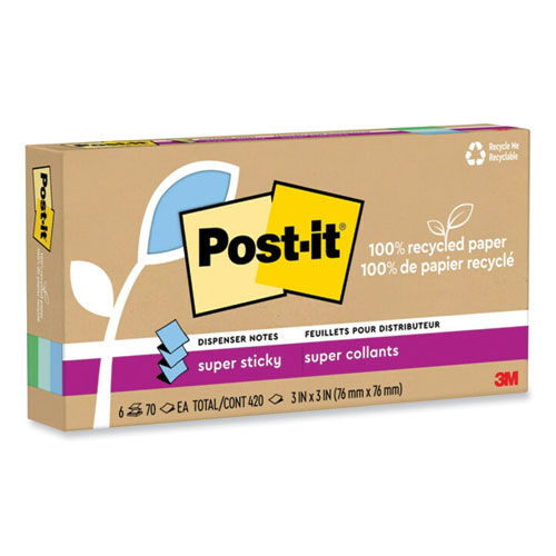 Image of Post-It® Notes Super Sticky 100% Recycled Paper Super Sticky Notes, 3" X 3", Oasis, 70 Sheets/Pad, 6 Pads/Pack
