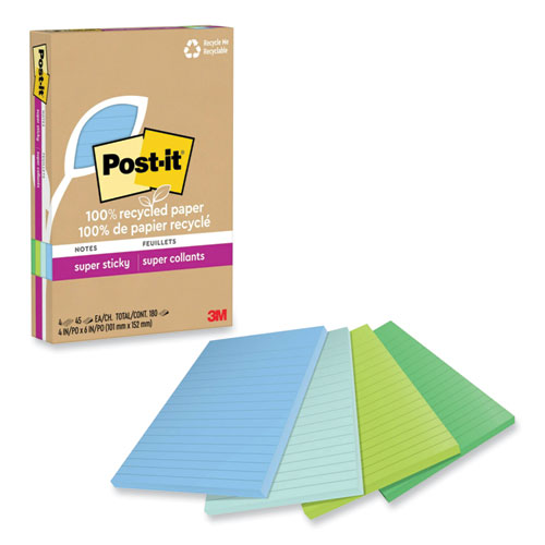Image of Post-It® Notes Super Sticky 100% Recycled Paper Super Sticky Notes, Ruled, 4" X 6", Oasis, 45 Sheets/Pad, 4 Pads/Pack