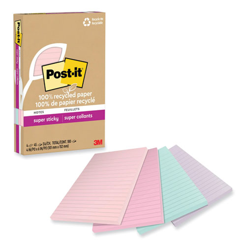 Image of Post-It® Notes Super Sticky 100% Recycled Paper Super Sticky Notes, Ruled, 4" X 6", Wanderlust Pastels, 45 Sheets/Pad, 4 Pads/Pack
