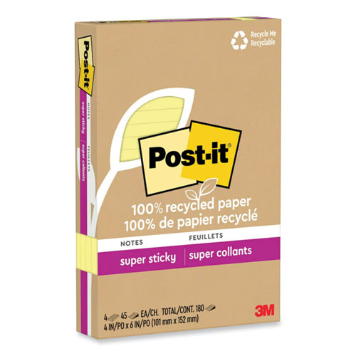 Post-It® Notes Super Sticky 100% Recycled Paper Super Sticky Notes, Ruled, 4" X 6", Canary Yellow, 45 Sheets/Pad, 4 Pads/Pack