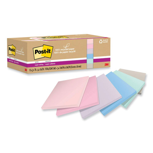 MMM675R3SSNRP - 100% Recycled Paper Super Sticky Notes, Ruled, 4 x 4,  Wanderlust Pastels, 70 Sheets/Pad, 3 Pads/Pack