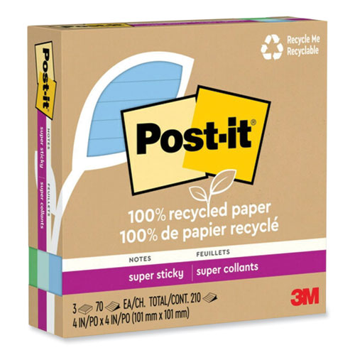 Image of Post-It® Notes Super Sticky 100% Recycled Paper Super Sticky Notes, Ruled, 4" X 4", Oasis, 70 Sheets/Pad, 3 Pads/Pack