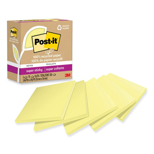 100% Recycled Paper Super Sticky Notes, 3" x 3", Canary Yellow, 70 Sheets/Pad, 5 Pads/Pack