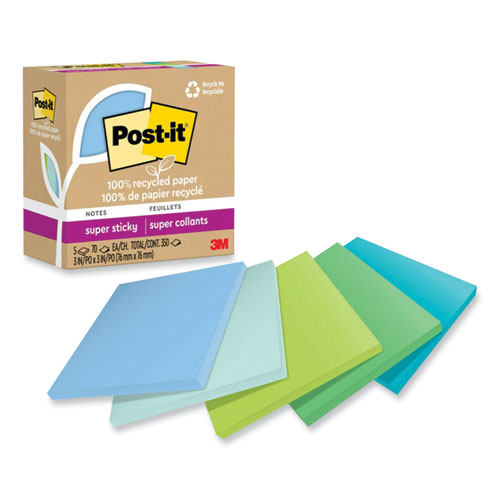 100% Recycled Paper Super Sticky Notes, 3" x 3", Oasis, 70 Sheets/Pad, 5 Pads/Pack