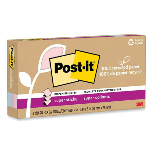 Image of Post-It® Notes Super Sticky 100% Recycled Paper Super Sticky Notes, 3" X 3", Wanderlust Pastels, 70 Sheets/Pad, 6 Pads/Pack