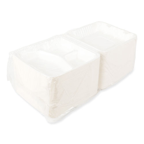 Bagasse PFAS-Free Food Containers, 3-Compartment, 9 x 9 x 3.19, White, Bamboo/Sugarcane, 200/Carton