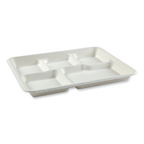 Bagasse PFAS-Free Food Tray, 5-Compartment, 8.26 x 10.23 x 0.94, White, Bamboo/Sugarcane, 500/Carton
