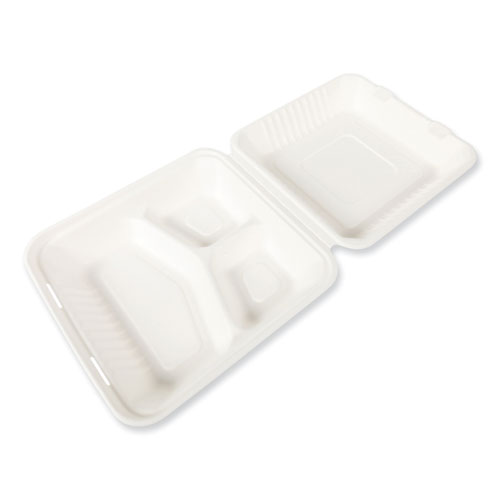 Bagasse PFAS-Free Food Containers, 3-Compartment, 9 x 9 x 3.19, White, Bamboo/Sugarcane, 200/Carton