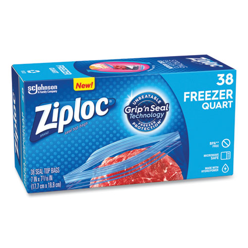 Image of Ziploc® Double Zipper Freezer Bags, 1 Qt, 2.7 Mil, 6.97" X 7.7", Clear, 38 Bags/Box, 9 Boxes/Carton