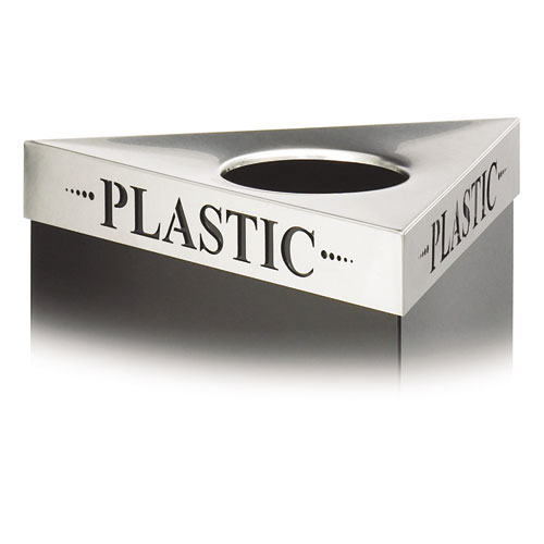 TRIANGULAR LID FOR TRIFECTA RECEPTACLE, LASER CUT "PLASTIC" INSCRIPTION, STAINLESS STEEL