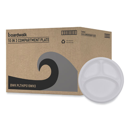 Image of Boardwalk® Hi-Impact Plastic Dinnerware, Plate, 3-Compartment, 10" Dia, White, 500/Carton