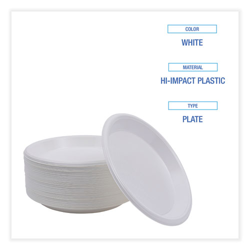 Hi-Impact Plastic Dinnerware, Plate, 10" dia, White, 500/Carton