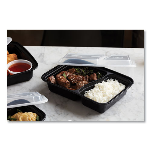 Newspring VERSAtainer Microwavable Containers, Rectangular, 2-Compartment, 30 oz, 6 x 8.5 x 2.5, Black/Clear, Plastic, 150/CT