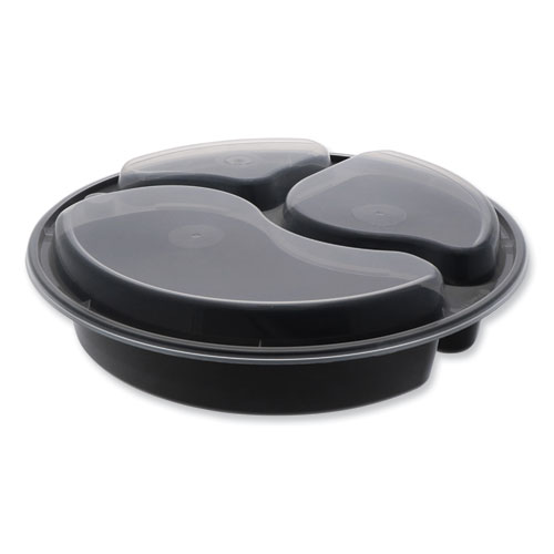 Image of Pactiv Evergreen Newspring Versatainer Microwavable Containers, Round, 3-Compartment, 39 Oz, 9 X 9 X 2.25, Black/Clear, Plastic, 150/Carton