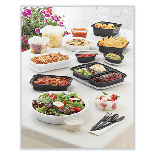 Newspring VERSAtainer Microwavable Containers, Round, 3-Compartment, 39 oz, 9 x 9 x 2.25, Black/Clear, Plastic, 150/Carton