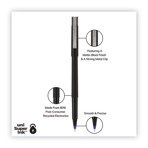 Image of Uniball® Roller Ball Pen, Stick, Micro 0.5 Mm, Blue Ink, Black Matte Barrel, Dozen