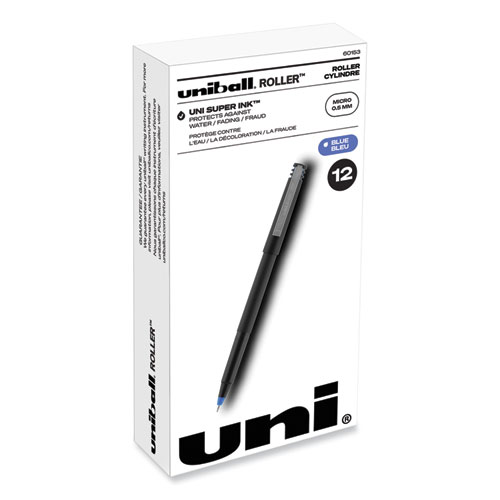 Uniball® Roller Ball Pen, Stick, Micro 0.5 Mm, Blue Ink, Black Matte Barrel, Dozen