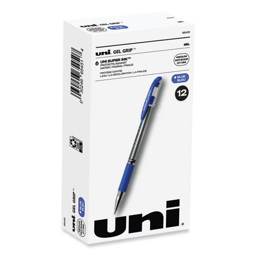 Uniball® Signo Grip Gel Pen, Stick, Medium 0.7 Mm, Blue Ink, Silver/Blue Barrel, Dozen