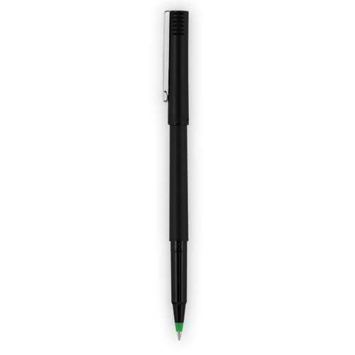 Roller Ball Pen, Stick, Fine 0.7 mm, Green Ink, Black/Green Barrel, Dozen