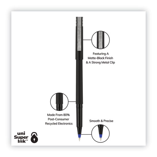 Image of Uniball® Roller Ball Pen, Stick, Micro 0.5 Mm, Blue Ink, Black Barrel, 72/Pack