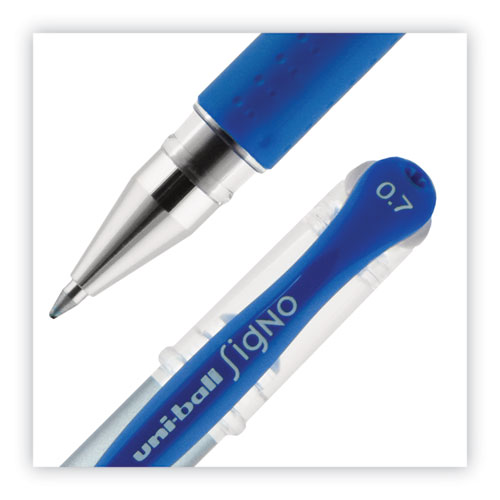 Image of Uniball® Signo Grip Gel Pen, Stick, Medium 0.7 Mm, Blue Ink, Silver/Blue Barrel, Dozen