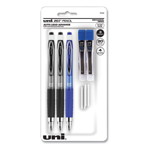 Uniball® 207 Mechanical Pencil With Lead And Eraser Refills, 0.7 Mm, Hb (#2), Black Lead, Assorted Barrel Colors, 3/Set