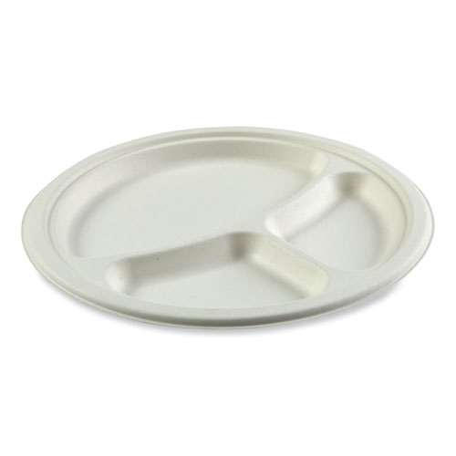 Image of Amercareroyal® Bagasse Pfas-Free Dinnerware, 3-Compartment Plate, 10.24" Dia, White, 500/Carton