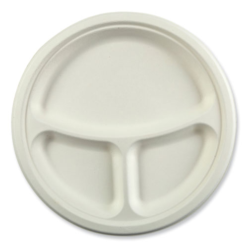 Bagasse PFAS-Free Dinnerware, 3-Compartment Plate, 10.24" dia, White, 500/Carton