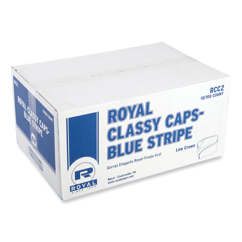 Classy Cap, Crepe Paper, Adjustable, One Size Fits All, White/Blue Stripe, 100 Caps/Pack, 10 Packs/Carton