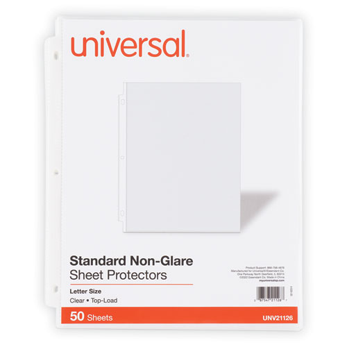 Universal® Top-Load Poly Sheet Protectors, Std Gauge, Nonglare, Clear, 50/Pack