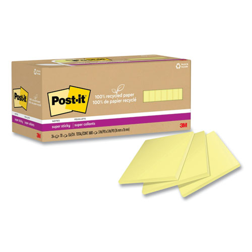 100% Recycled Paper Super Sticky Notes, 3" x 3", Canary Yellow, 70 Sheets/Pad, 24 Pads/Pack