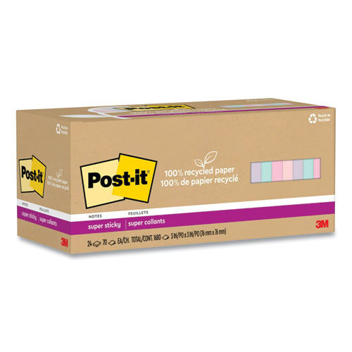 Post-it® Notes Super Sticky 100% Recycled Paper Super Sticky Notes, 3" x 3", Wanderlust Pastels, 70 Sheets/Pad, 24 Pads/Pack