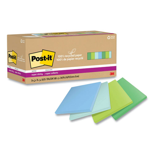Image of Post-It® Notes Super Sticky 100% Recycled Paper Super Sticky Notes, 3" X 3", Oasis, 70 Sheets/Pad, 24 Pads/Pack