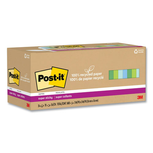 Post-it® Notes Super Sticky 100% Recycled Paper Super Sticky Notes, 3" x 3", Oasis, 70 Sheets/Pad, 24 Pads/Pack