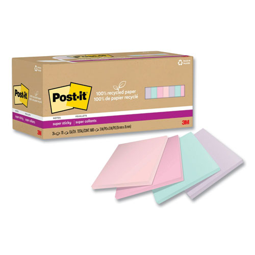 Image of Post-It® Notes Super Sticky 100% Recycled Paper Super Sticky Notes, 3" X 3", Wanderlust Pastels, 70 Sheets/Pad, 24 Pads/Pack