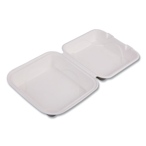 Molded Fiber Hinged Clamshell Containers, 8 x 8 x 3, White, Sugarcane, 200/Carton