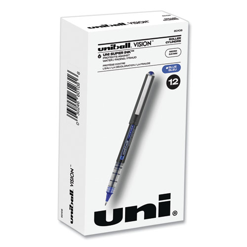 Uniball® Vision Roller Ball Pen, Stick, Micro 0.5 Mm, Blue Ink, Blue/Gray Barrel, Dozen