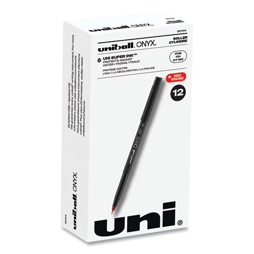 Uniball® Onyx Roller Ball Pen, Stick, Fine 0.7 Mm, Red Ink, Black Matte Barrel, Dozen